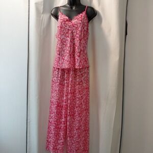 Vtg Natori Ruffle Floral Boho Lingerie Sheer Set Capri Pants & Camisole Pink L